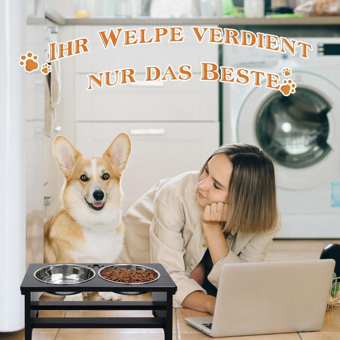 Підвищені годівниці для собак HTB, бамбук, з 2 мисками з нержавіючої сталі, 44x24x18 см, 18 см висота, чорний колір