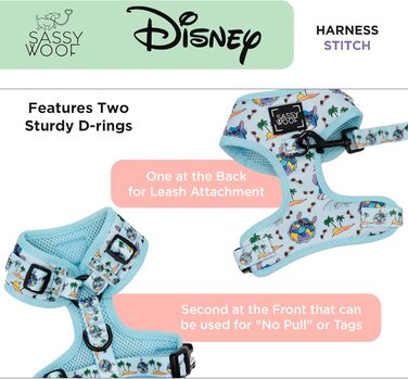 Регульована шлейка для собак Sassy Woof Disney Stitch S, дихаюча сітка, не тягне, подвійний D-кільце, патентований дизайн, для маленьких собак та цуценят, офіційна