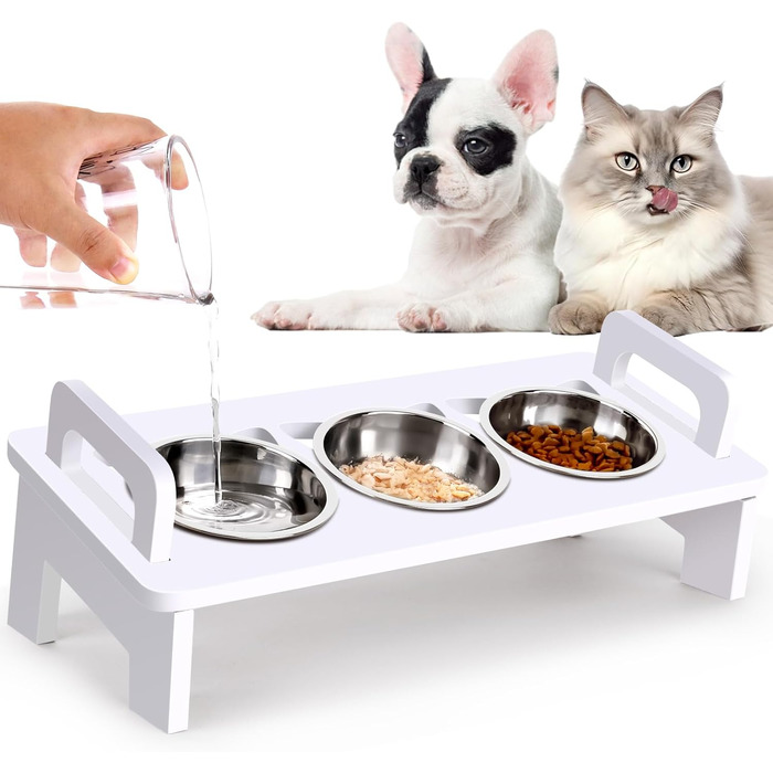 Підвищений миска для котячого корму, 3 миски з нержавіючої сталі, піднята годівниця для котів, миска для корму та води для котів з нахилом 15°, анти-блювотний набір, для котів, що живуть у приміщенні (білий/розкішний сад)