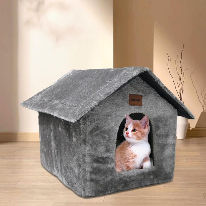 Будиночок для котів Whiwhi, плюшевий, з м'якою подушкою, переносний, теплий, антиковзкий, 40x35x40 см, сірий