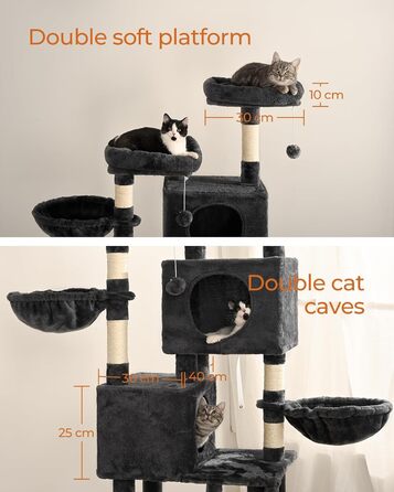Дерево для котів FourFurPets 160 см, сірий, з двома платформами, двома будиночками, двома кошиками, гамаком, ігровими м'ячиками, сизалевими сходами