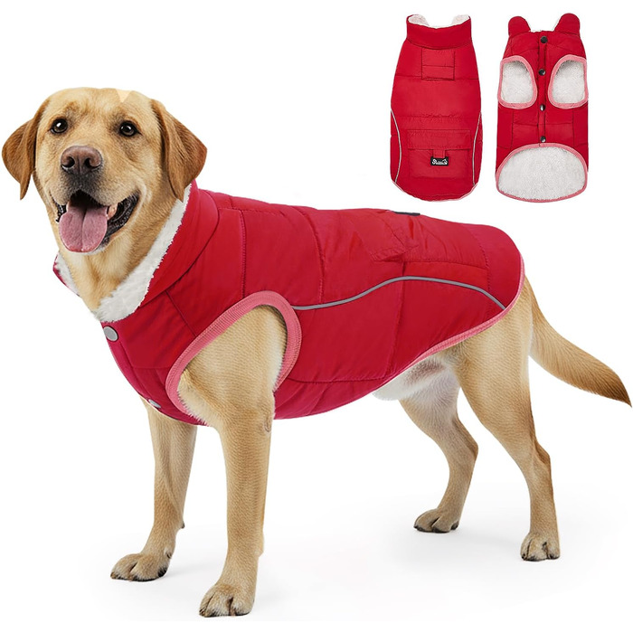 Зимовий одяг для собак Nasjac: тепла куртка зі снігозахистом, флісовою підкладкою, світловідбиваючими смугами та кишенями. Водовідштовхуюча жилетка для собак малих та середніх порід, червона, розмір L