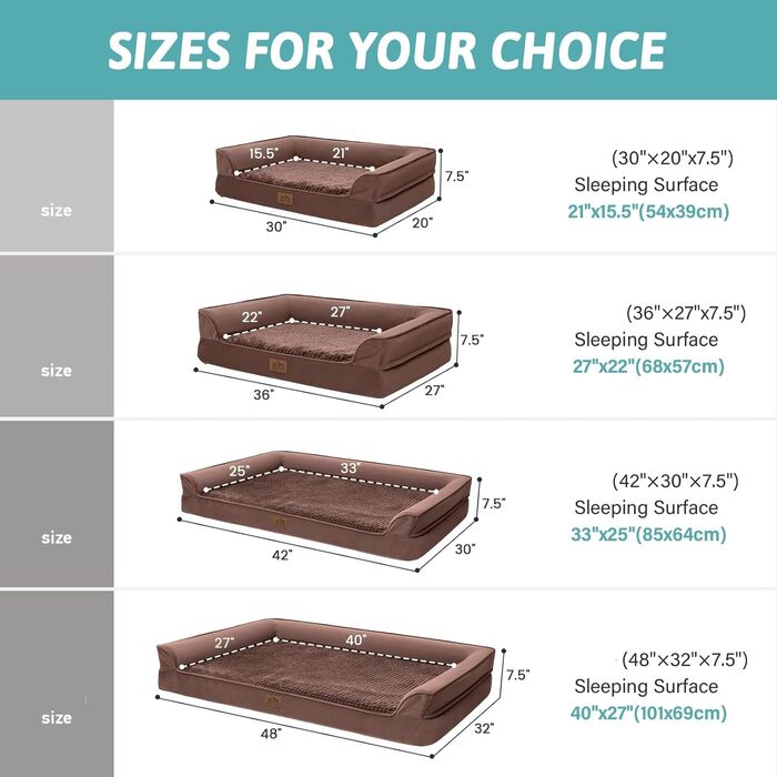 Ортопедичне ліжко для собак маленьких порід, водонепроникне диван-ліжко з бортиками, з підтримуючою піною, знімний та пральний чохол, водонепроникне дно, антиковзаюче (M 91*69*19 см, Колір: Коричневий)