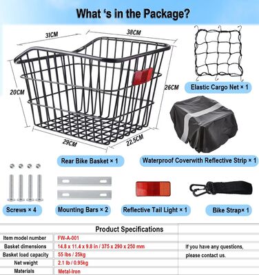 Велосипедний кошик задній WOOGCSO, металевий великий з водонепроникним покриттям, сіткою для багажу, для собак, покупок, пікніків, рюкзаків (38×31×26см)