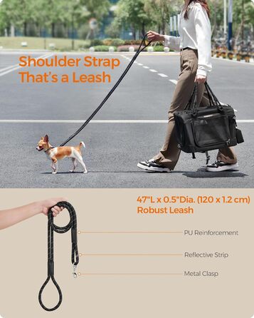 Транспортна сумка Feandrea для собак та котів, складна, чорна, розмір S (до 5,9 кг), з металевим каркасом та повідком