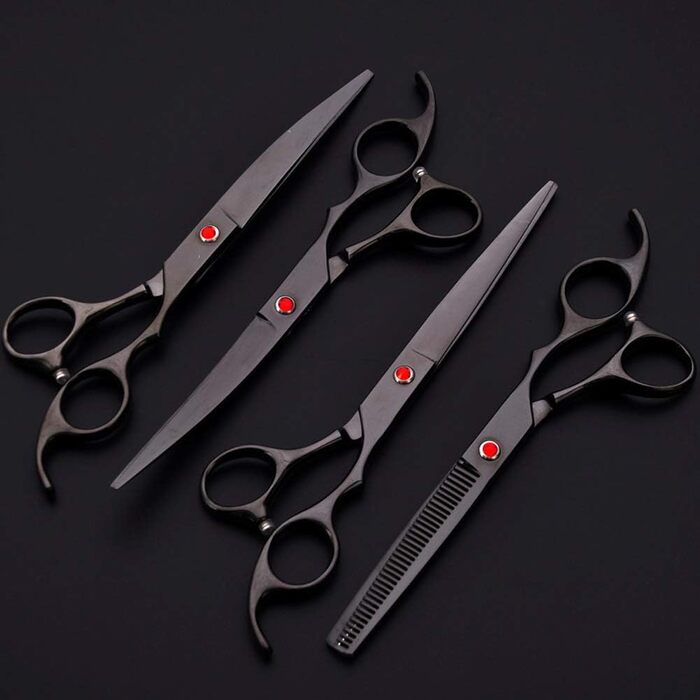 Набір ножиць для грумінгу собак, 7 дюймів, професійний набір для догляду за тваринами, нержавіюча сталь, вигнуті ножиці, ножиці для розрідження, гребінець для грумінгу, для собак та котів, 5 шт. чорний
