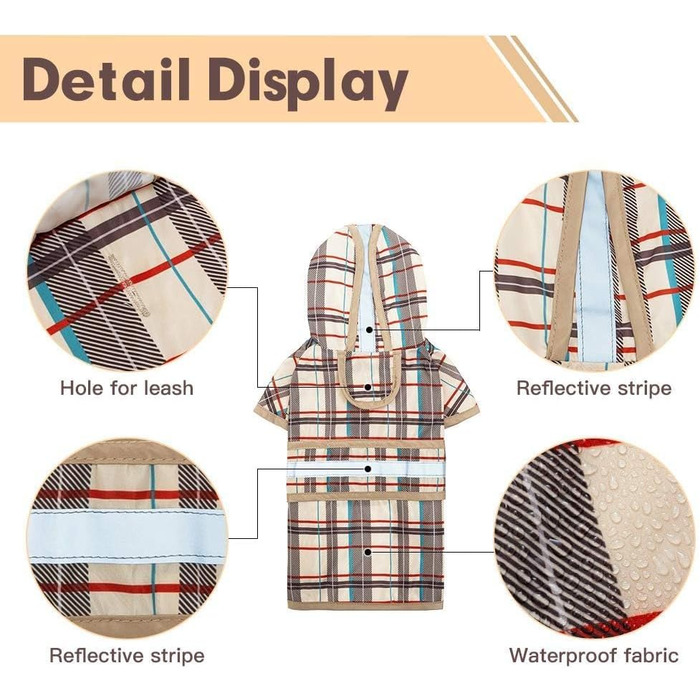 Дощовик для собак Kooltail з капюшоном, для малих та середніх собак, водонепроникний, з світловідбиваючими смугами, регульований, дихаючий, бежевий в клітинку