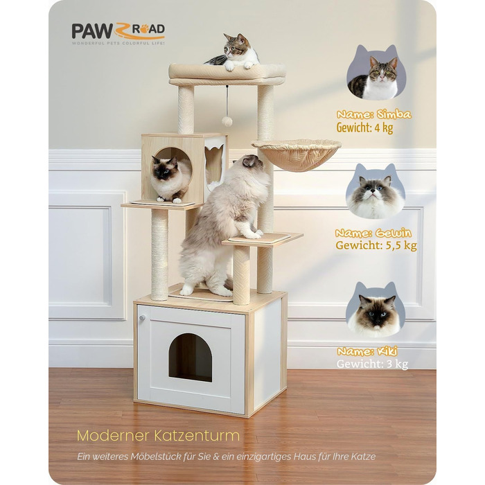 Дерев'яний котячий комплекс PAWZ Road Modern: ігровий центр з шафою для лотка, будиночком, гамаком та верхньою полицею, бежевий, розмір L