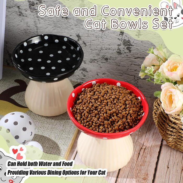 Підвищений годівниця для котів Teenyyou з кераміки, 2 шт. – годівниця для котів з вусами, широка годівниця для корму та води (червоний, чорний)