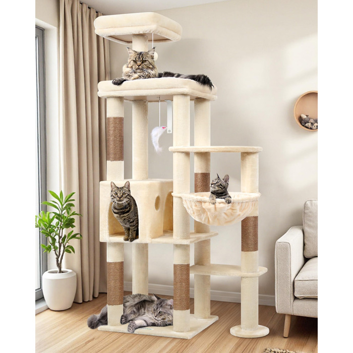 Дерев'яний комплекс для котів Globlazer XL, 167 см, бежевий: будиночок, когтеточка, платформа, іграшки для котів. Стабільний для 2-4 котів