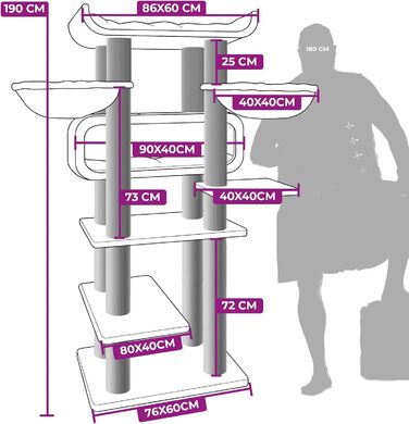 Дряпак для котів Petrebels Maine Coon XXL, 190 см, дизайн для великих котів, сизаль, колір Off-White