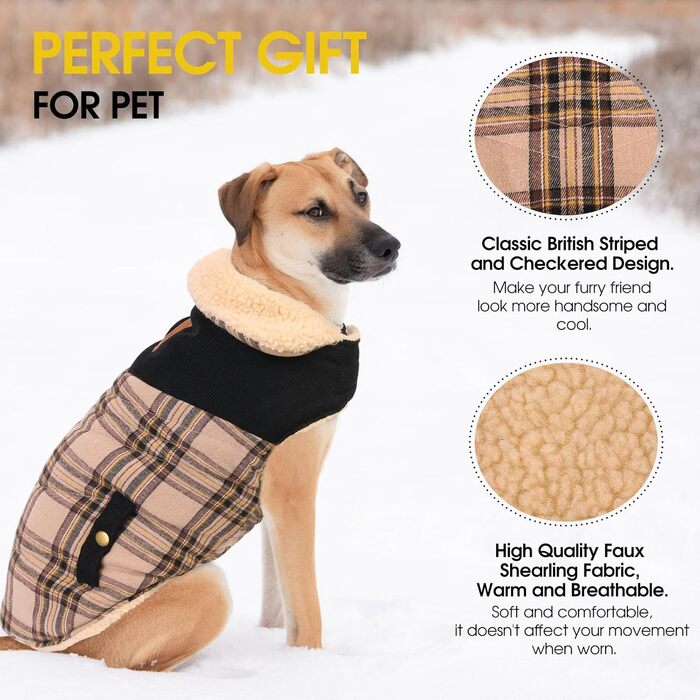 Теплий зимовий одяг для собак: флісовий зимовий одяг, куртка для маленьких, середніх та великих собак. Тепла куртка-пуловер для собак з отвором для повідка, підходить для активного відпочинку в приміщенні та на вулиці. Колір: бежевий, візерунок: в клітинк