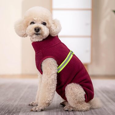 Теплий пуловер для собак з флісу та світловідбиваючою жилеткою. Зручний, теплий, для цуценят та дорослих собак. (Зелений, розмір M, червоний)