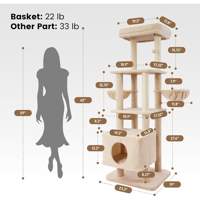 Кігтеточка для котів Gardner Pet Katzenbaum, велика, 105 см. Активна кігтеточка з колоною, платформою, 2 печерами, кошиком для котів. Компактні меблі для котів у квартиру, темно-бежева (L (59 x 48 x 165 см))