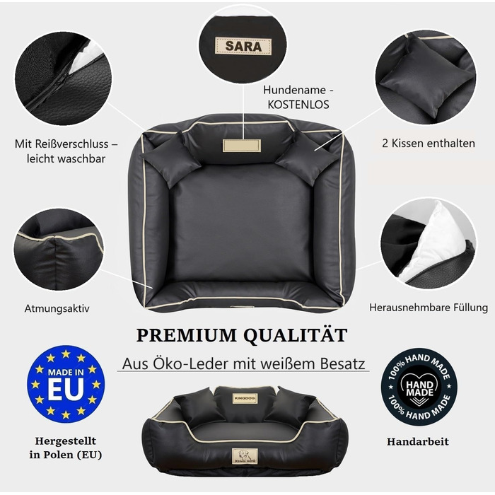 Крісло-ліжко для собак середніх порід King Dog: миється, з еко-шкіри, 75x65 см, з можливістю персоналізації імені, водонепроникне, з силіконовою начинкою, чорне