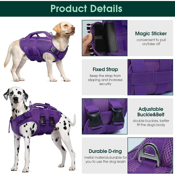 Світшот для собак Kuoser: рятувальний жилет для малих, середніх та великих собак, регульований, з Ripstop, з ручкою для рятування, висока плавучість, для цуценят, пляжний купальник (XL, фіолетовий)