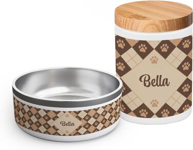 PICANOVA Скляна банка для ласощів з іменем - подарунок для собак - зберігання сухого корму - керамічна банка для власників собак та котів - дизайн (Set Checkered Paws)