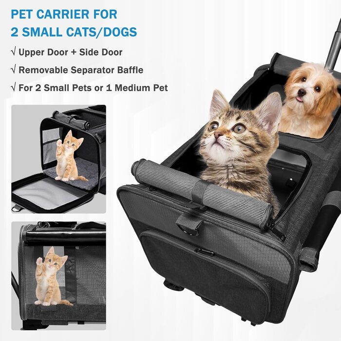 Транспортна переноска для котів та собак на 20 кг з 2 відділеннями, колесами та телескопічним ручками (чорна)