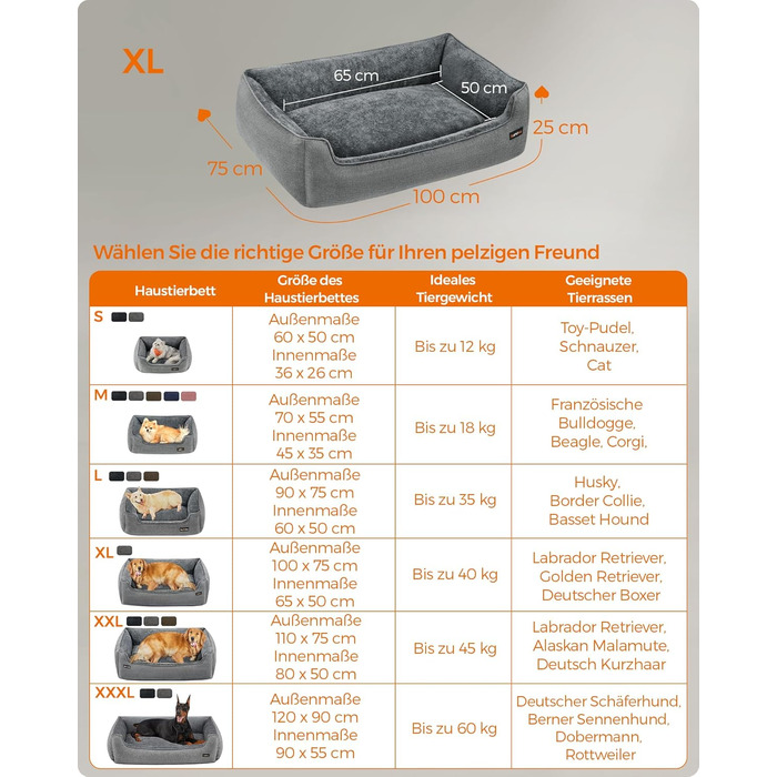 Feandrea лежанка для собак, м'яка подушка, корзина для собак, підняті бортики, неслизьке дно, знімна та пральна наволочка, XL, для великих собак, 100 x 75 x 25 см, світло-сіра