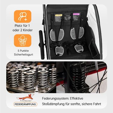 Дитячий велопричіп 2в1 з функцією коляски та бігуна, амортизація, регульована ручка-штовхач та гальма, для 1-2 дітей, до 40 кг, чорний