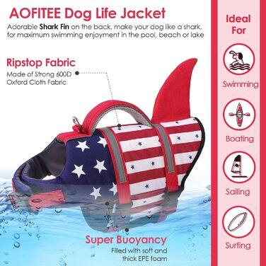 Жилет для плавання для собак AOFITEE, модель 'Акула', великий розмір, висока якість, з ручкою для порятунку та світловідбиваючими смугами, для купання та катання на човні, блакитний, розмір X-Small, блакитна зірка