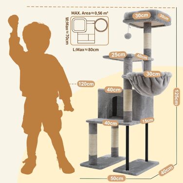 Котячий будиночок Heybly Kratzbaum HCT200SW, 125 см: кігтеточка, будиночок, лежанка, стрибкова платформа, сірий