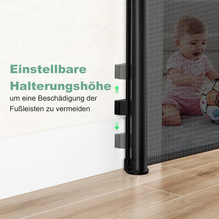 Захист для сходів з замком, висувний захист для дітей та собак, 150 см ширина, 83 см висота, автоматична засувка, чорний (140 см, без свердління)