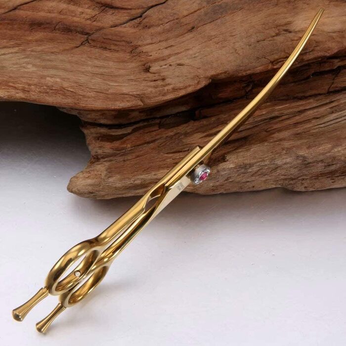 Професійні ножиці для собак Fenice Peak, JP440C, нержавіюча сталь, 17.8 см, вигнуті ножиці для фінальної обробки з 66 зубцями, кут 20-25°, титанове покриття, ергономічні ручки