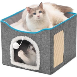 Будиночок для котів Fluffy Paws Store – велика м'яка котяча нора для домашніх котів з підвішеним пухнастим м'ячем і кігтеточкою, складаний кішковий будинок 41,9x41,9x33 см, сірий