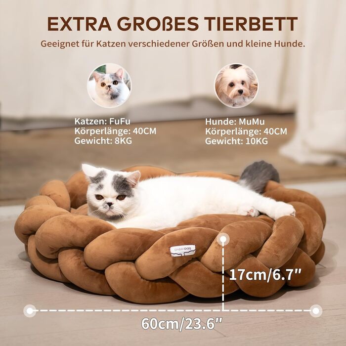 Велике котяче ліжко CheerPals 60 см, миється, плетене затишне гніздо, ліжко для собак з еластичним матрацом, підходить для котів та маленьких собак, білий (карамельно-коричневий)