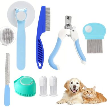 Набір для догляду за собаками та котами (8 шт.): щітка для вичісування, гребінець від випадіння шерсті та бліх, тример для нігтів з пилочкою, інструменти для миття