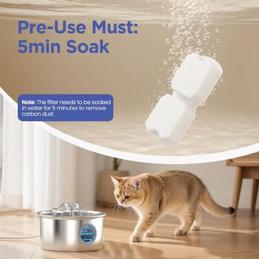 Джерело питної води для котів та собак з нержавіючої сталі, 2.6л, з вікном рівня води, дизайн водоспаду, з фільтрами (6 губок + 6 вугільних фільтрів)
