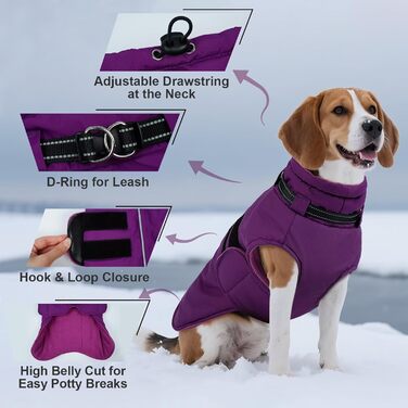 Зимова куртка для собак IECOii, тепла, водонепроникна, регульована, з відбиваючими елементами, фіолетова, розмір 2XL
