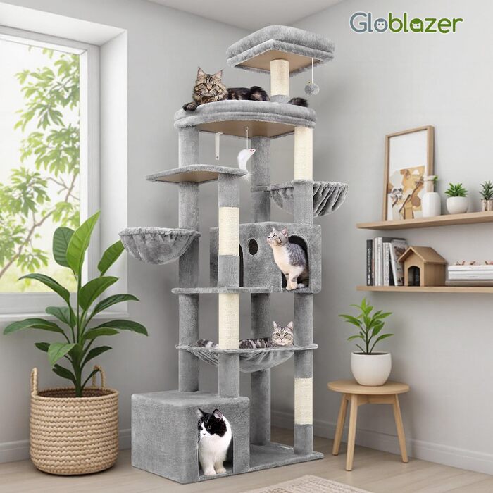 Драбина для котів Globlazer XXL 193 см з будиночком, гамаком, платформами та іграшками. Стабільна для 3-5 котів. Сірий колір.