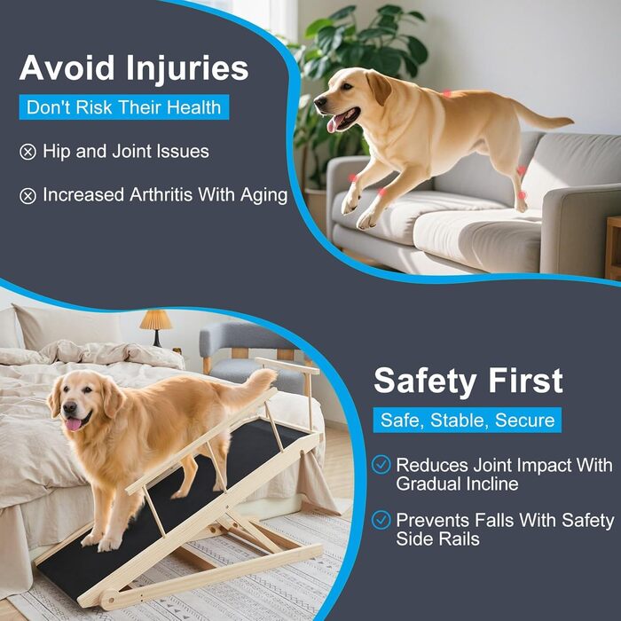 Рампа для собак на ліжко та диван, 5 ступенів, регульована, для маленьких та великих собак (дерево, 115 см)