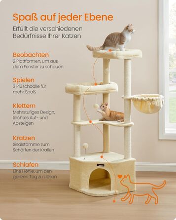 Дряпка для котів Feandrea, кігтеточка з великою затишною печерою, платформами, м'ячиками та лежанкою, 48,5 x 48,5 x 140,7 см, бежевий PCT009Y01