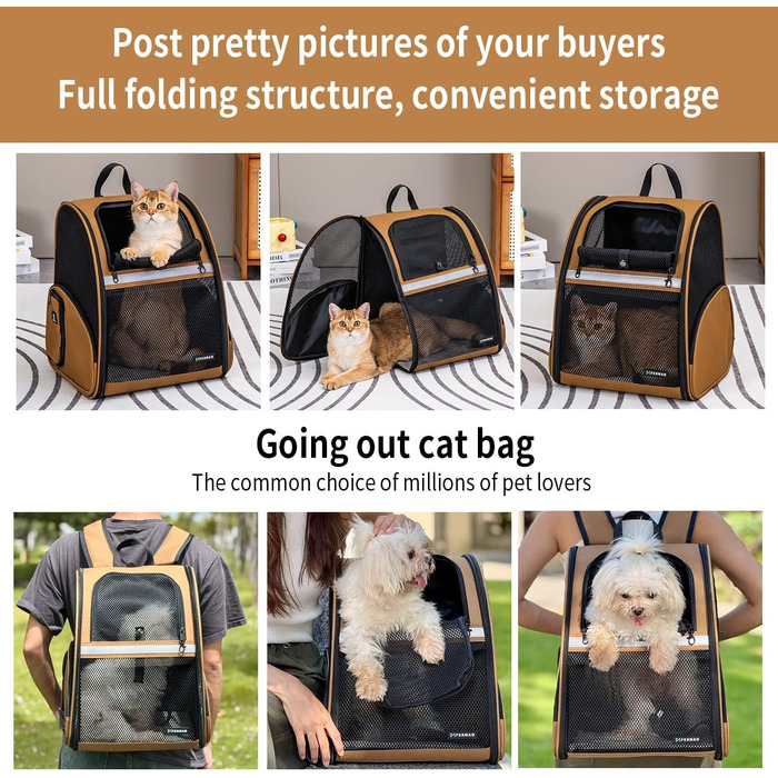 Рюкзак-переноска для собак і котів, дихаючий сітчастий рюкзак, складний, для подорожей, кемпінгу, до ветеринара, до 6,8 кг (Коричневий)