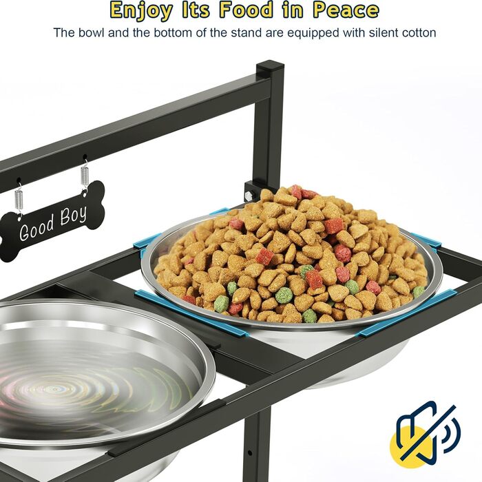 Підвищена годівниця для собак Eaninaz з регулюванням висоти, нахил 10°, 2 нержавіючі миски (1,5 x 2) та безпечна килимок, стабільний підставник для миски (XL)