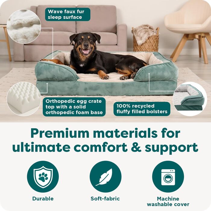 Крісло-лежанка для собак великих порід Furhaven з піною з пам'яті, знімний та пральний чохол, до 81,6 кг, ультра-м'яке штучне хутро та велюр, контурний матрац, XXXL (102 x 71 x 24 см, Celadon Green)