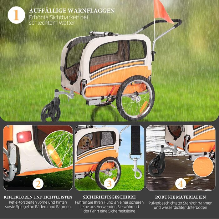 Причеп-трансформер для собак 2-в-1 для велосипеда та бігу – для собак до 30 кг, з гальмами, сигнальним прапором, для активного відпочинку та дому, легкий у збиранні (Помаранчевий)