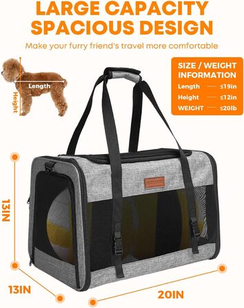 FOXFOCUS Сумка-переноска для собак з м'якими боковинами – 50,8 x 33 x 33 см, безпечний автокрісло, до 6,8 кг, верхній та бічний вхід, велика переноска для тварин з міцним сіткою (сірий)