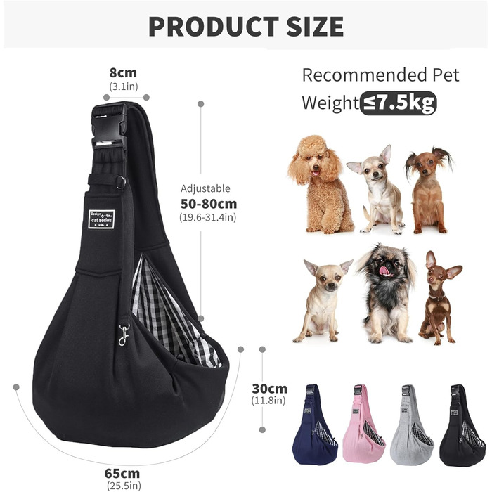 PETCUTE Сумка-переноска для собак до 7.5 кг, чорна. Регульований ремінь, переноска з передньою кишенею, сумка через плече для собак, для прогулянок та активностей на свіжому повітрі