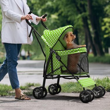 Візок для собак маленьких порід, 4,5-10 кг, візок для цуценят, візок для середніх собак, візок для котів, візок для 2 котів, задній простір для зберігання, леопардовий принт (зелені крапки)