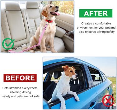 Ремінь безпеки для собак у машину, подвійний, еластичний, регульований, з амортизатором та карабіном для маленьких та середніх собак (рожевий)