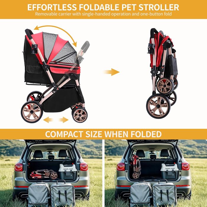 Візок для собак DWVO 3-в-1: візок, переноска, сумка. До 22 кг, EVA-колеса, сітчасті вікна, червоний (58.5x76x105 см)