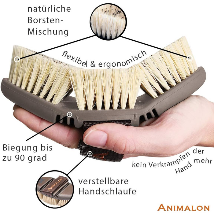 Щітка для коней Animalon CareFlex — жорстка коренева кардятша з натурального волосся, ергономічна щітка з липучкою для чищення шерсті, коричнева