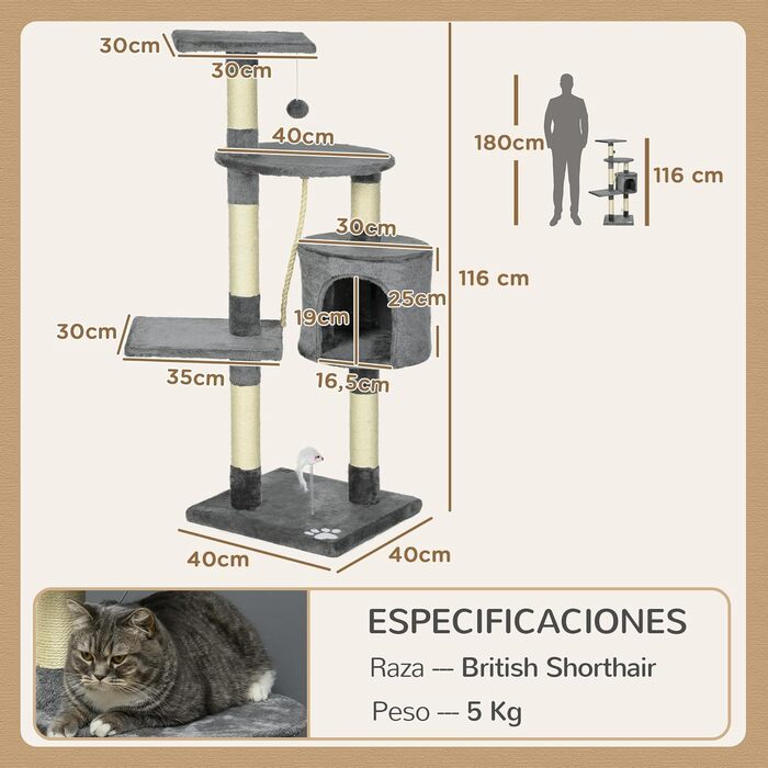 Котячий будиночок PawHut: когтеточка, кріплення для іграшок, платформа, печера, 116 см, сірий