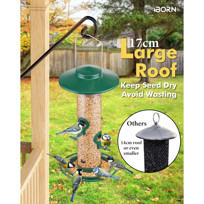 Годівниця для птахів iBorn на відкритий простір – годівниця для птахів з металу, місткість 900г, 4 отвори для годування, чорний/зелений колір