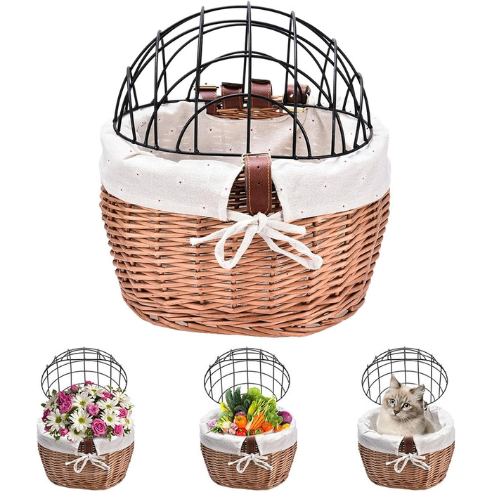 Кошик для собак на велосипеді - плетені, з ременем безпеки | Кошик-рюкзак для тварин, велосипедний, з регульованим ременем