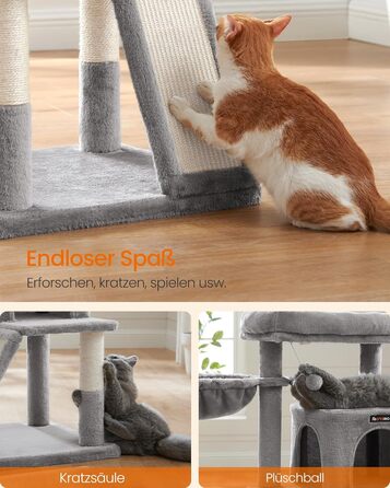 Дерево для котів Feandrea 96 см з великою платформою, будиночком, гамаком та сходами, м'який плюш, сірий PCT51W